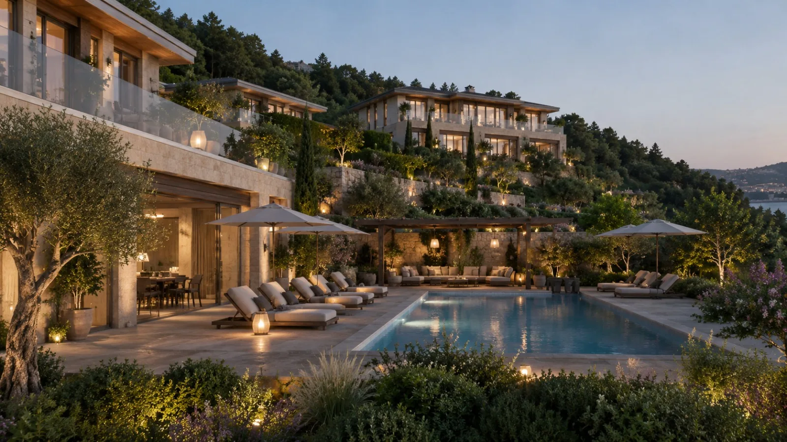 Pool terrace with landscaped gardens and boutique villas