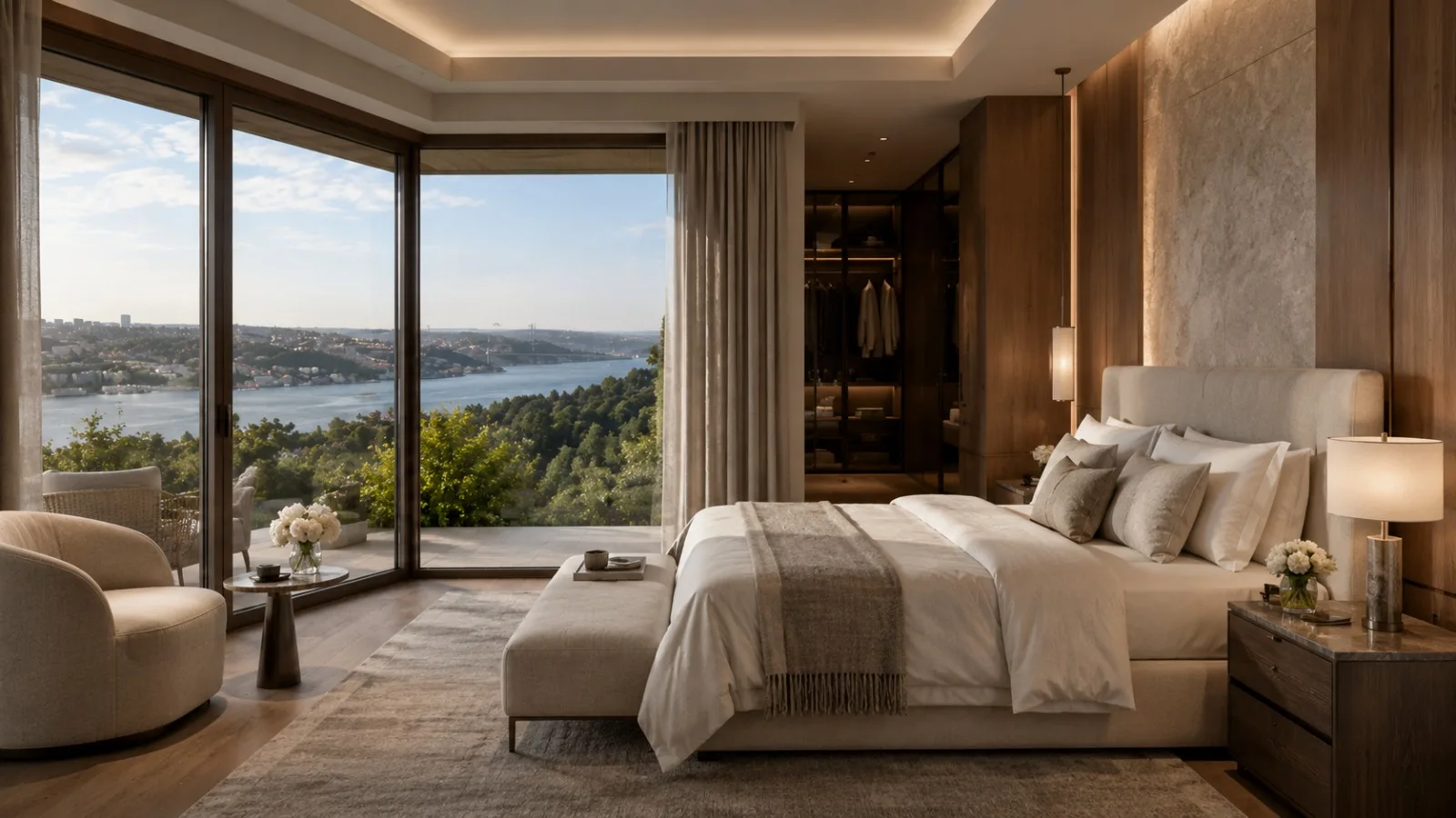 Primary bedroom with floor-to-ceiling Bosphorus views