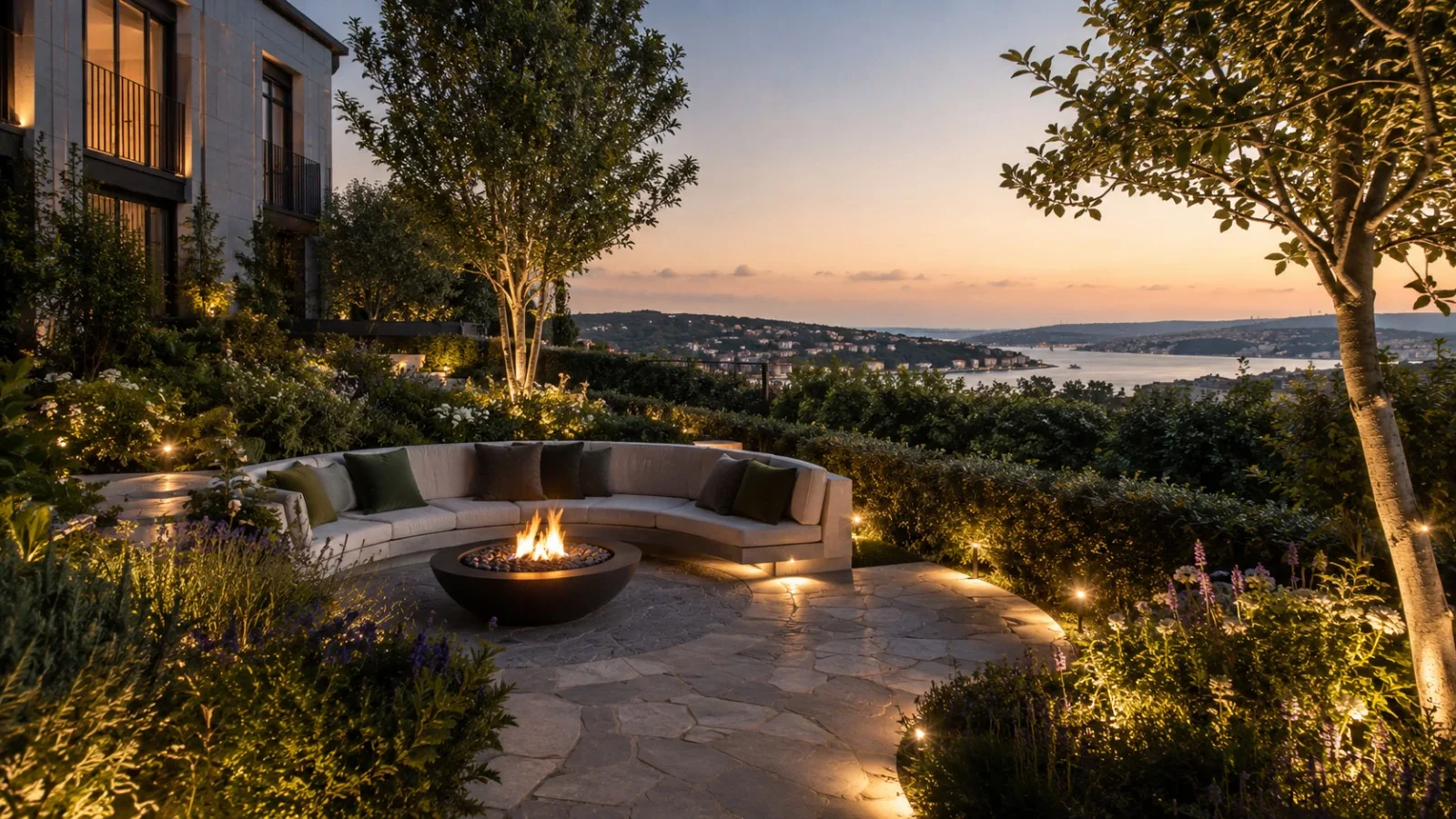 Outdoor firepit seating area overlooking the Bosphorus