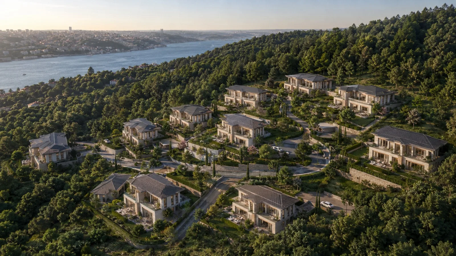 Aerial masterplan of Karlıtepe hillside residences and Bosphorus view